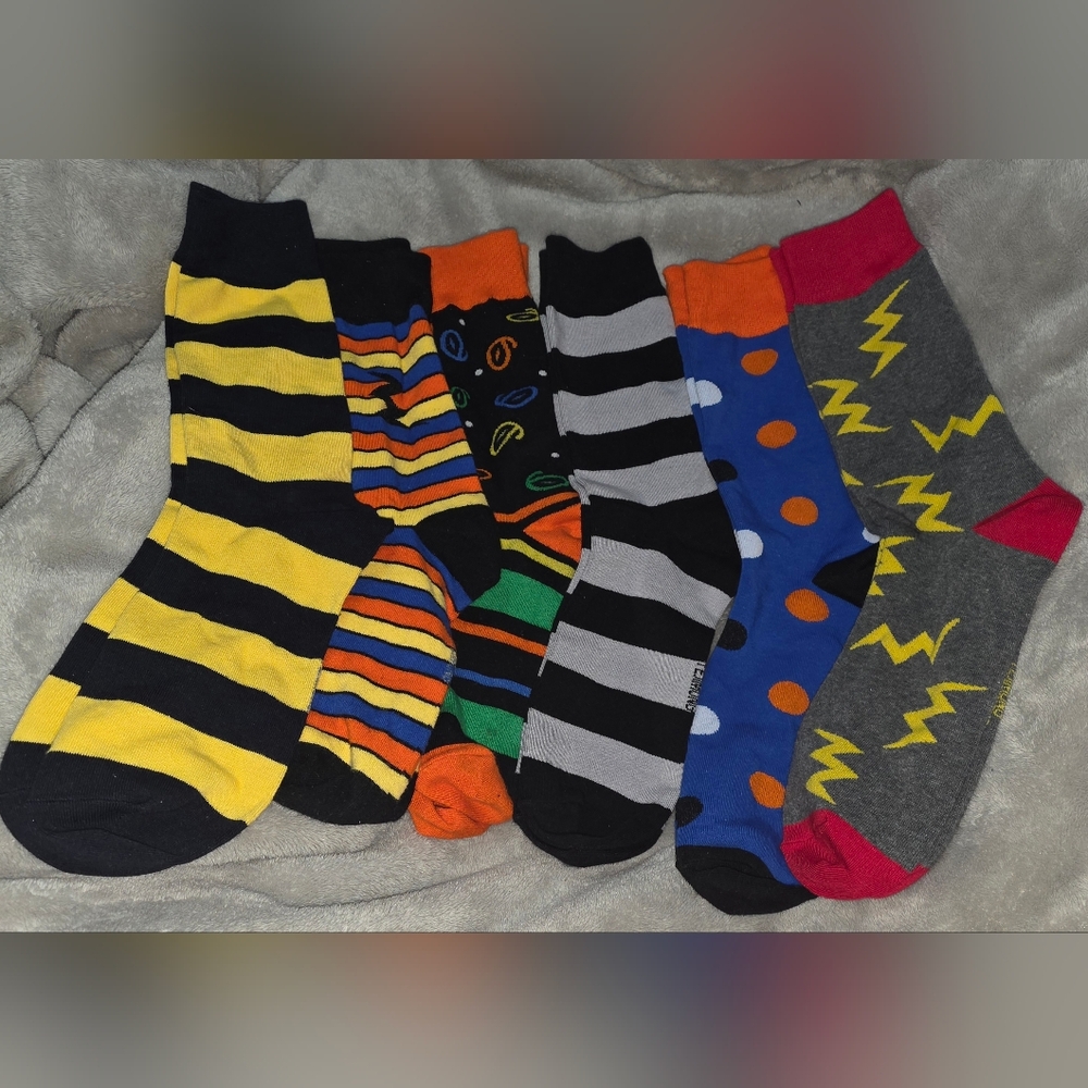 Lot of 6 Pairs Dress Crew Socks - Fun Patterned & Striped Unisex Size 8-11